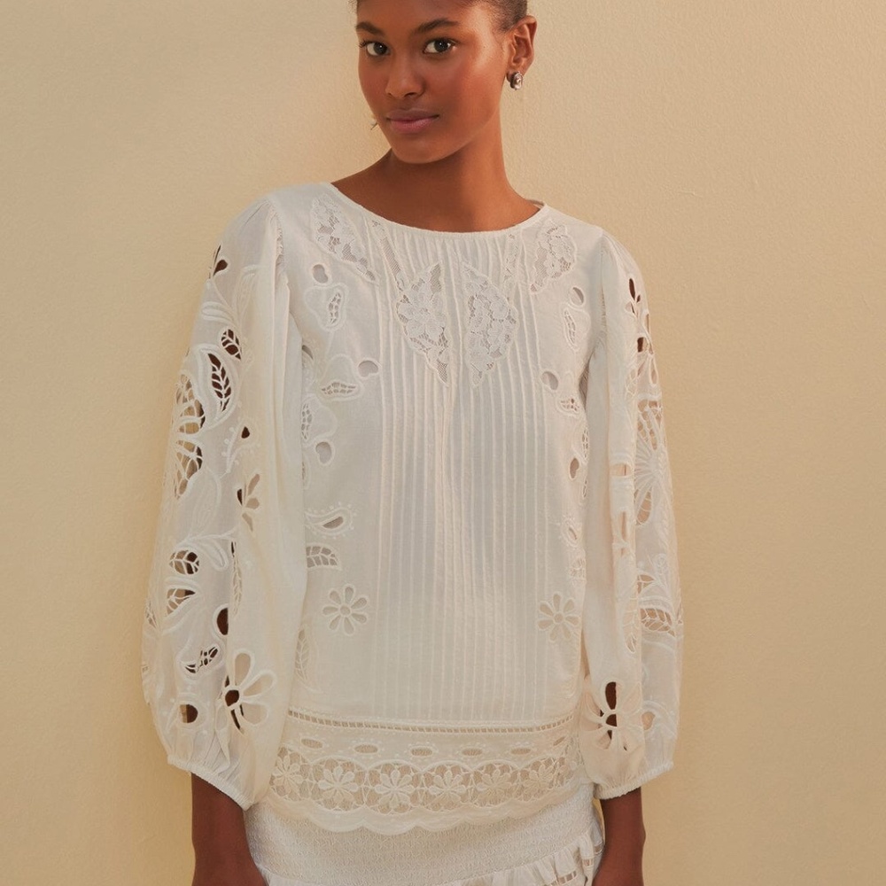 White Richelieu Short Sleeve Blouse